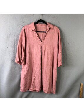 Linen Dress Womens L Pink Linen Collared Shift 3/4 Sleeve Tunic Lagenlook